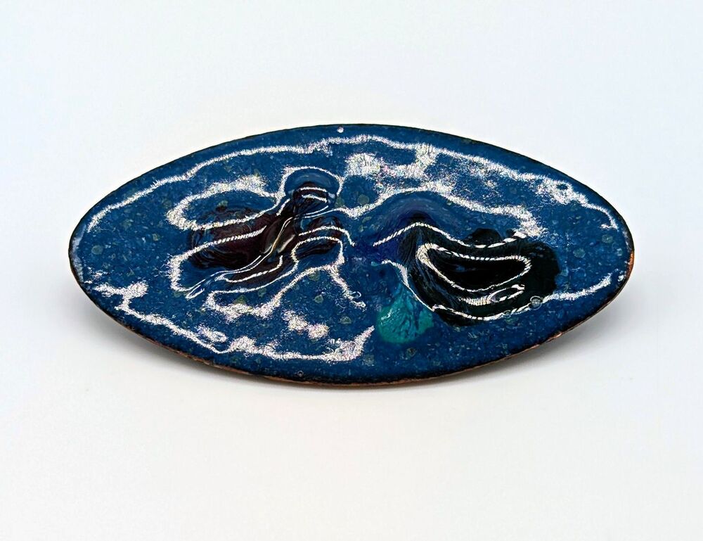Vtg Blue Enamel on Copper Oval Brooch Pin Pendant 2" Abstract